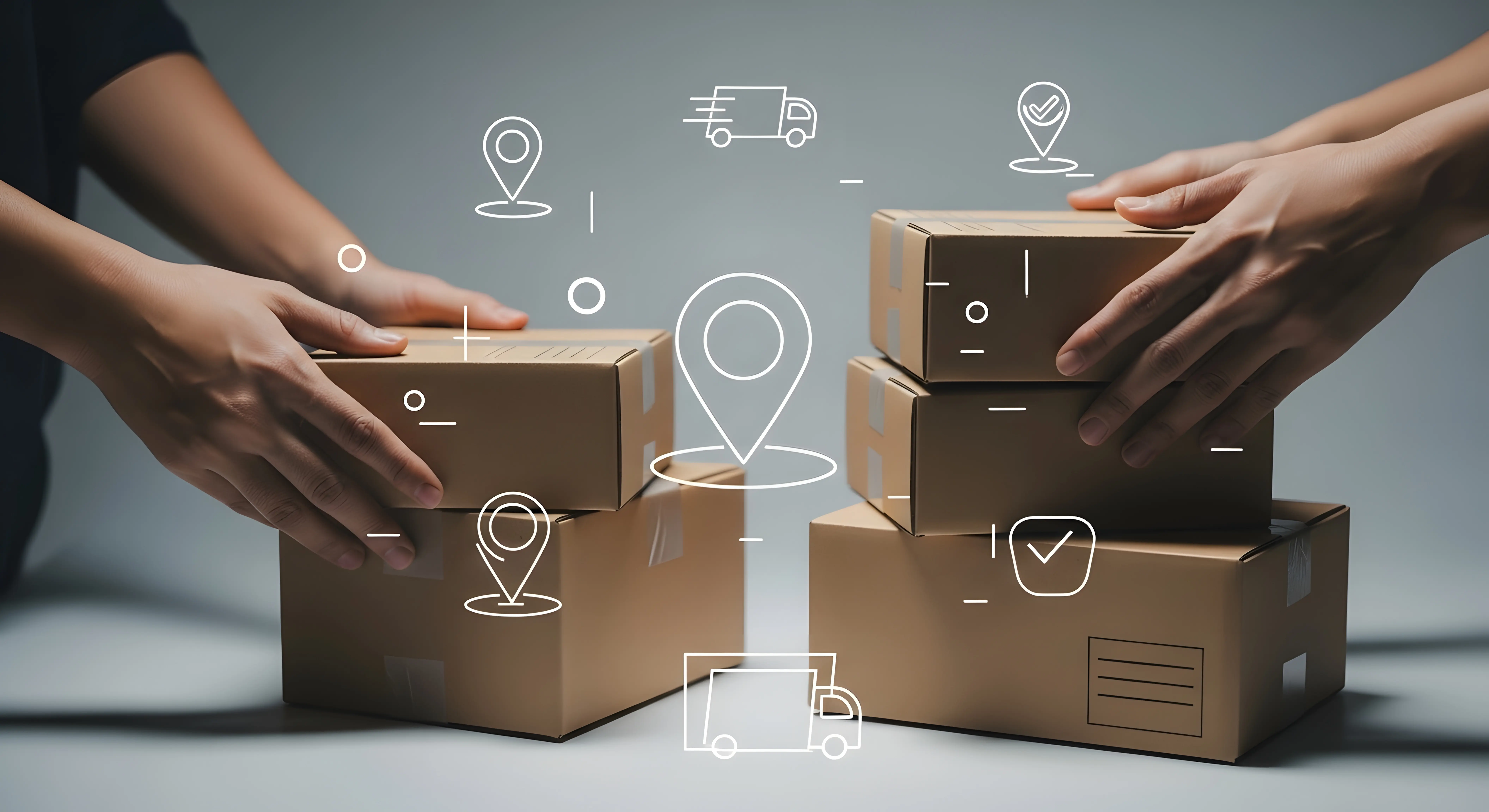 Hands passing and stacking delivery boxes.