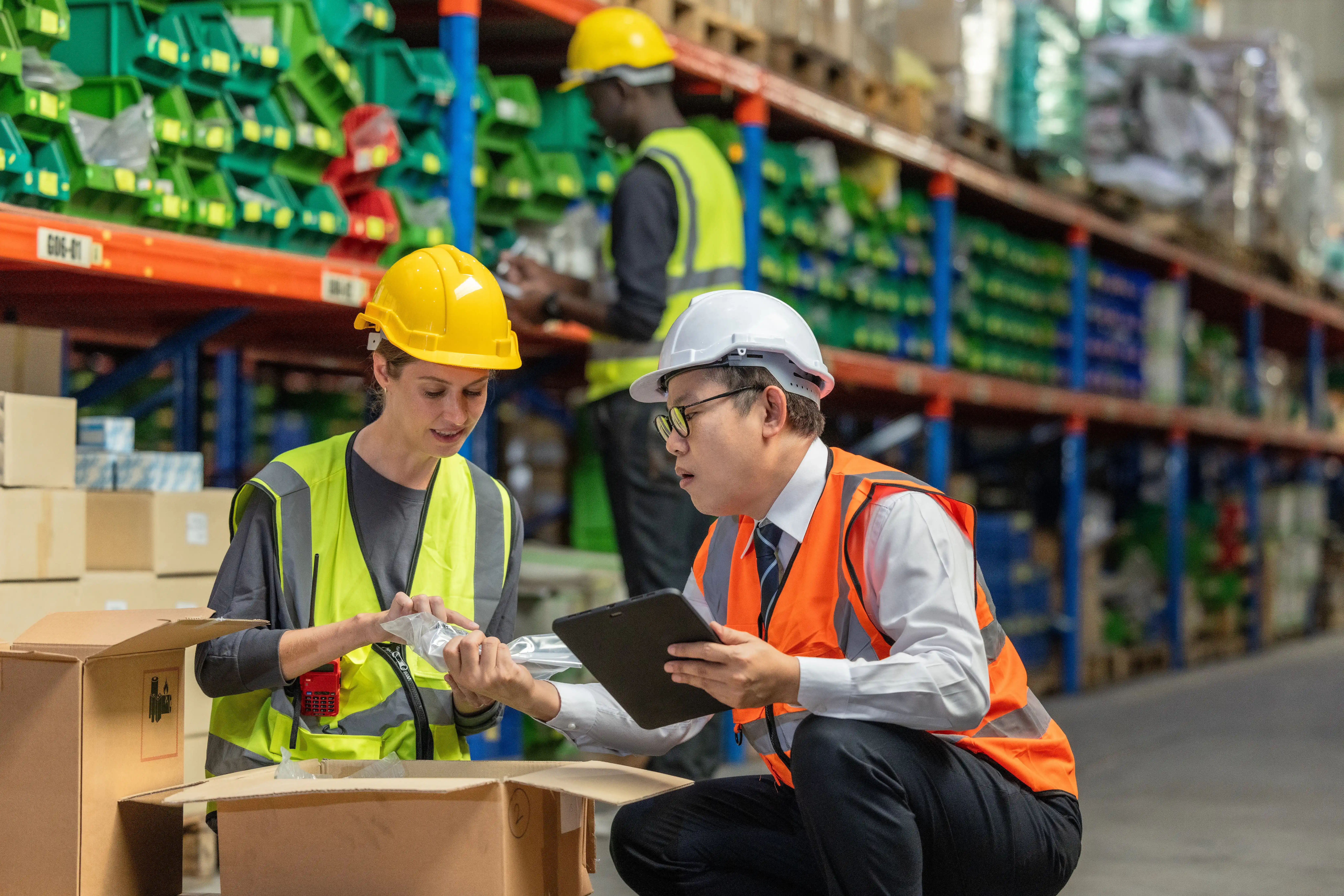 Two warehouse workers inspecting a product together.